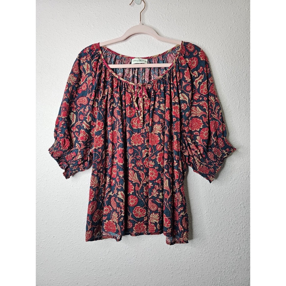 Natural Life Womens XL Floral Paisley Peasant Blouse Blue Red Cotton Rayon Top